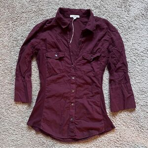 $185 James Peres Burgundy SHEER SLUB SIDE PANEL SHIRT size 0